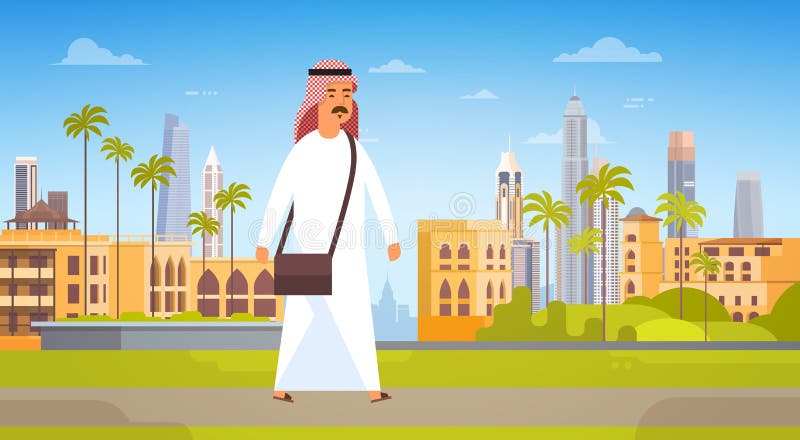 Arab Man Walking Modern City Building Cityscape Skyline Panorama Business Travel And Tourism Concept