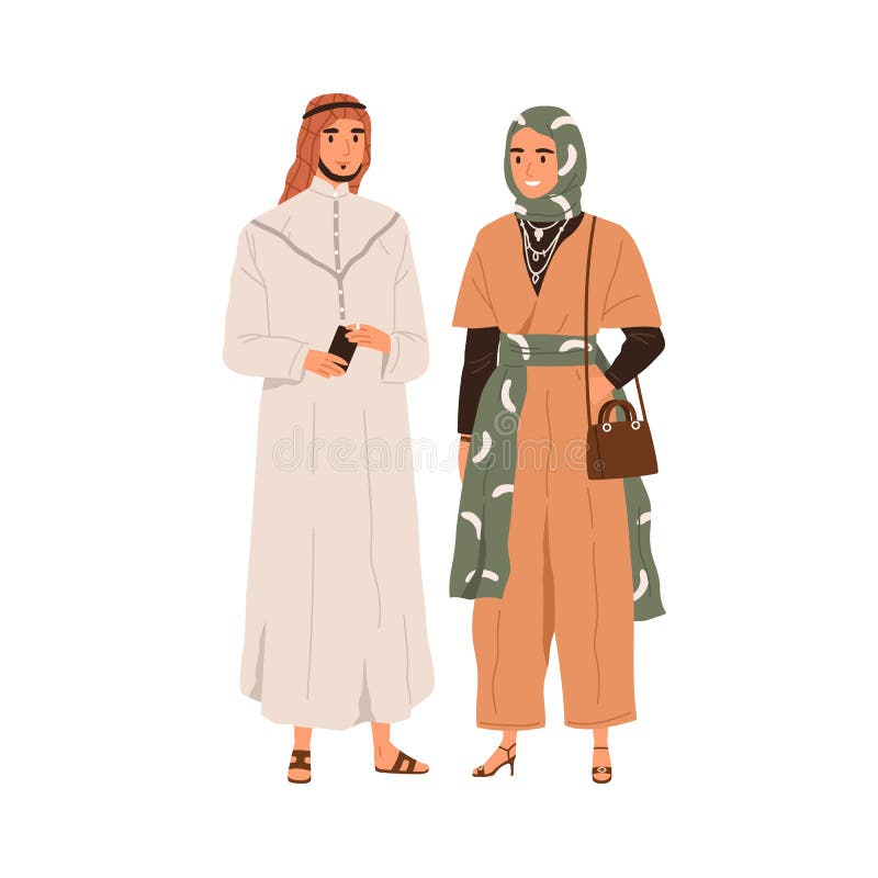 Arab man and woman in modern fashion clothes. Muslim couple portrait wearing hijab, tunic and male headwear. Arabian