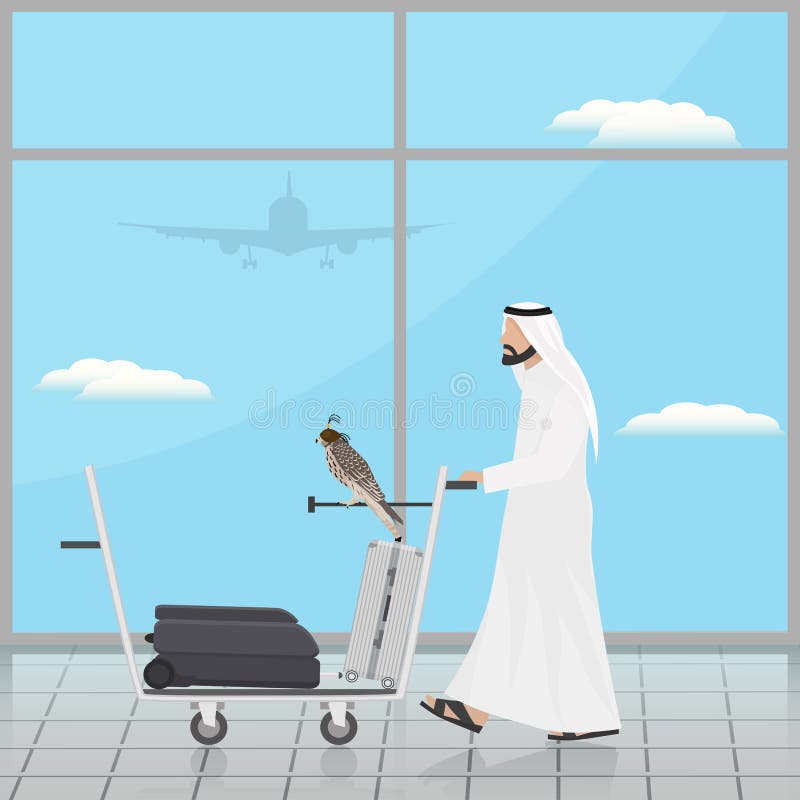 Arab med en falk på en spårvagn på flygplatsen stock illustrationer Arab med en falk på en spårvagn på flygplatsen stock illustrationer