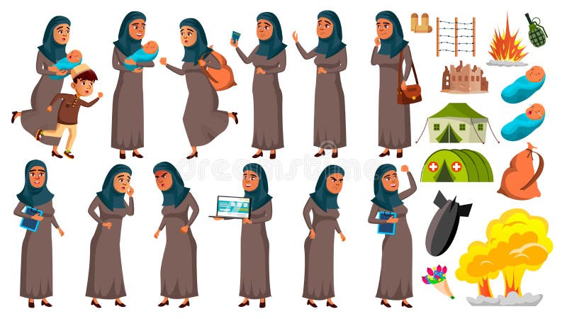 Arab, Muslim Teen Girl Poses Set Vector. Refugee, War, Bomb, Explosion, Panic. For Web Design. Isolated Cartoon royalty free illustration Arab, Muslim Teen Girl Poses Set Vector. Refugee, War, Bomb, Explosion, Panic. For Web Design. Isolated Cartoon royalty free illustration