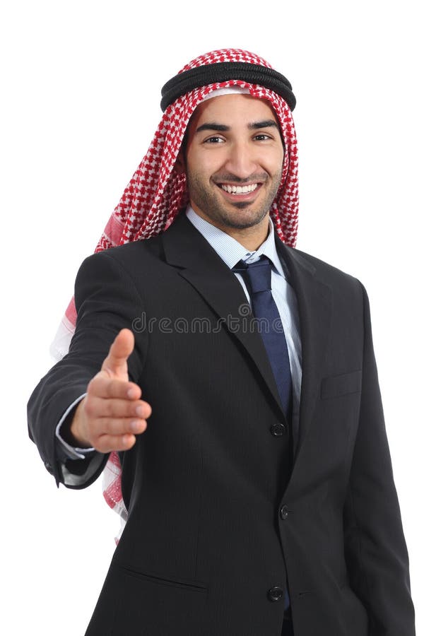 Arab saudi emirates businessman handshaking at camera stock photo Arab saudi emirates businessman handshaking at camera stock photo