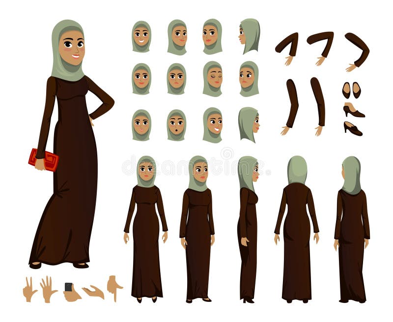 Arab Woman character constructor set in flat style. Muslim girl avatars or icons with different emotions and moving arms and head royalty free illustration Arab Woman character constructor set in flat style. Muslim girl avatars or icons with different emotions and moving arms and head royalty free illustration