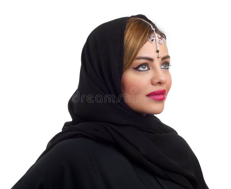 Arab woman wearing head jewelry isolated on white