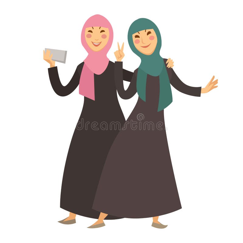 Saudi Arab Muslim women with smartphone selfie vector cartoon characters royalty free illustration Saudi Arab Muslim women with smartphone selfie vector cartoon characters royalty free illustration