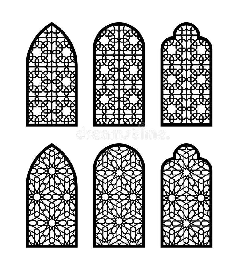 Arabesque arch window or door set. Cnc pattern, laser cutting, vector template set for wall decor, hanging, stencil vector illustration