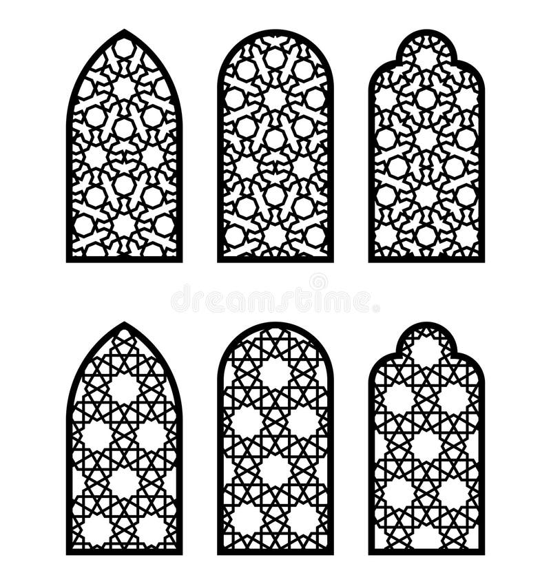 Arabesque arch window or door set. Cnc pattern, laser cutting, vector template set for wall decor, stencil, engraving vector illustration