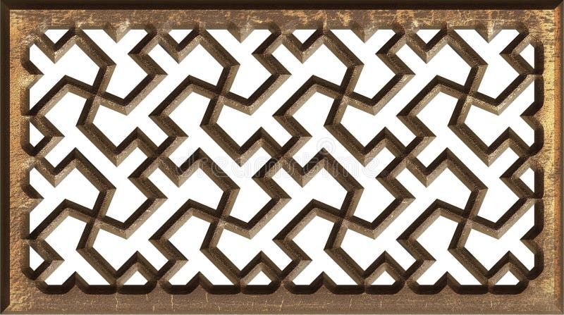 Arabesque lattice pattern. Islamic frame window with grill ornament. Arabic gold metal cast panel. 3d illustration royalty free stock photos