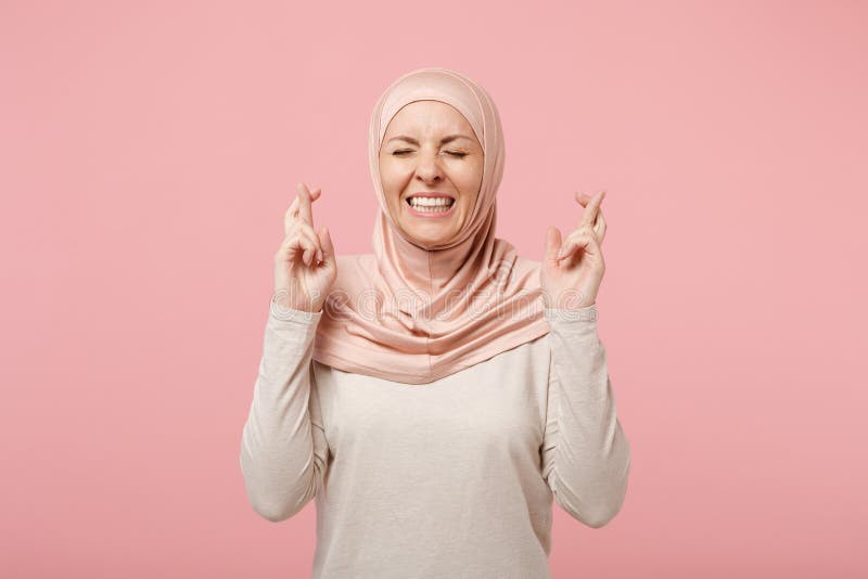 Download Arabian Muslim Woman In Hijab Light Clothes Posing Isolated On Pink Background. People Religious ...