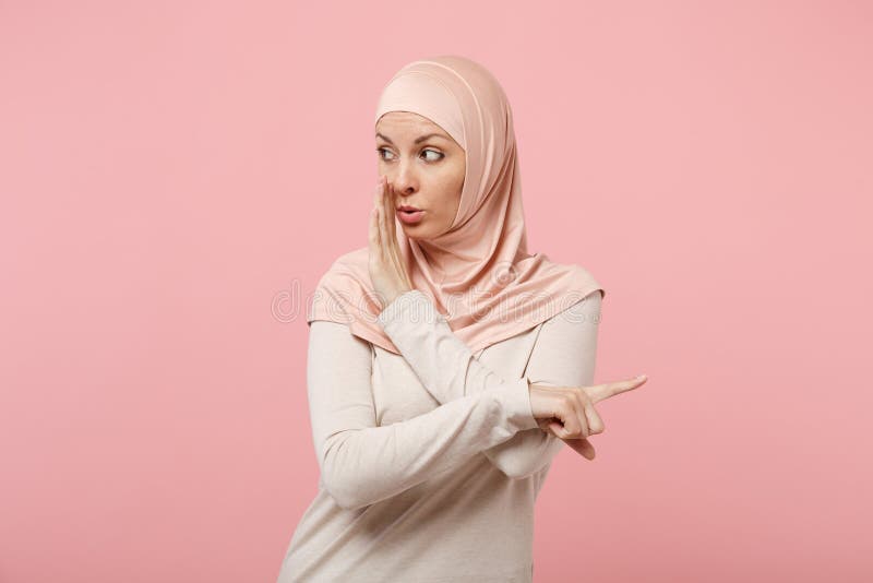 Download Arabian Muslim Woman In Hijab Light Clothes Posing Isolated On Pink Background. People Religious ...