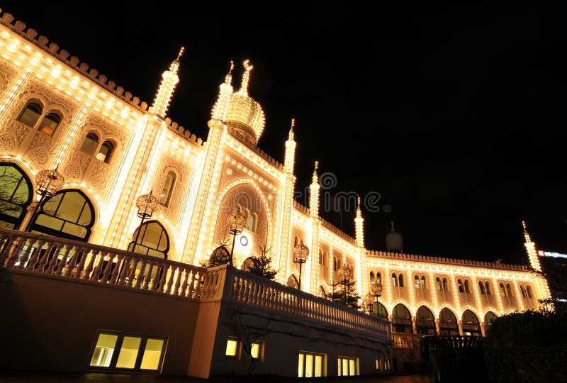 Wide angle perspective of Arabian style palace at night. Wide angle perspective of Arabian style palace at night