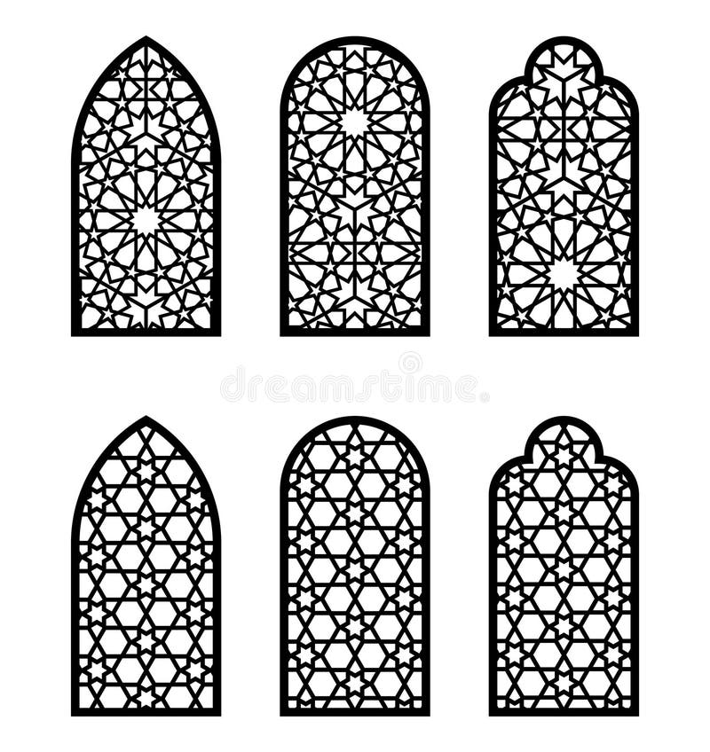 Arabic arch window or door set. Cnc pattern, laser cutting, jali design. Vector template set for wall decor, hanging stock illustration
