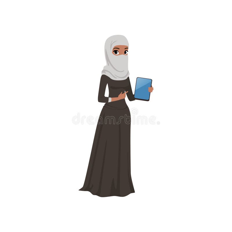 Arabic businesswoman character standing with electronic tablet, elegant muslim woman in traditional dress vector stock illustration