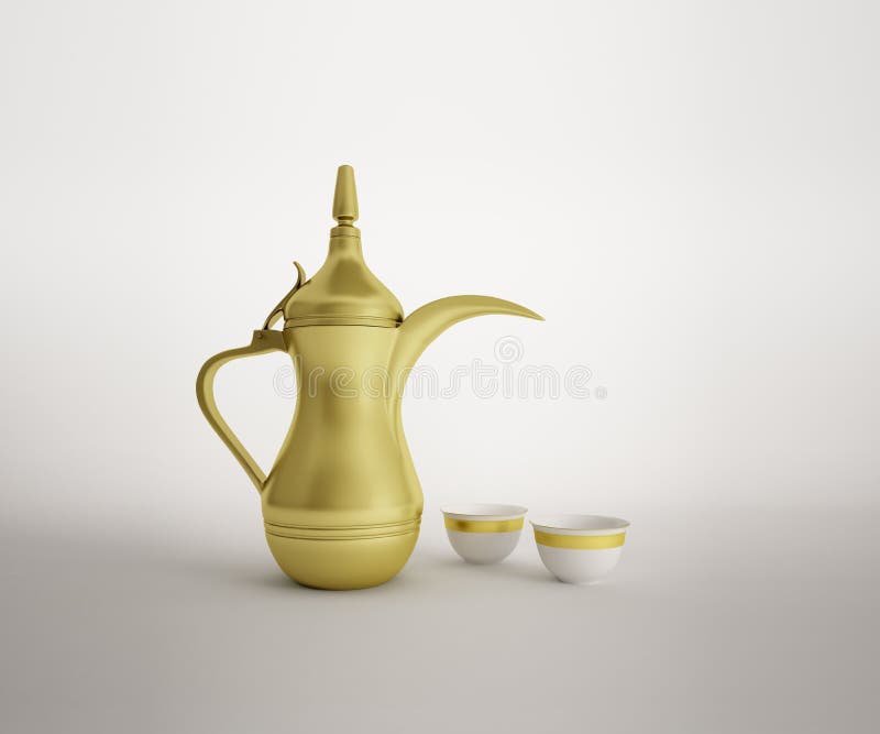 Arabic dallah with coffee cups on white background