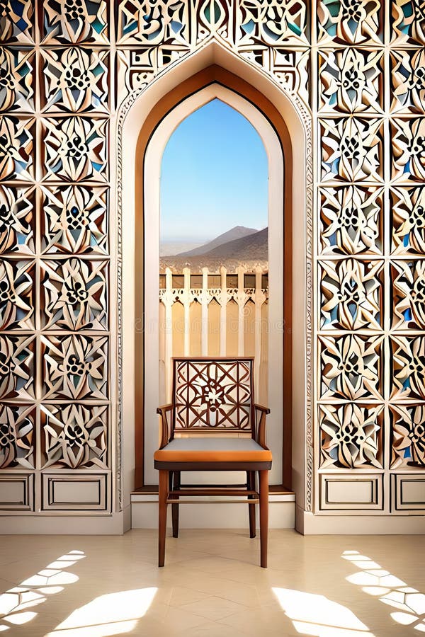 Arabic, Islamic Style Interior. Rattan Chair, Table and Arabic Pattern