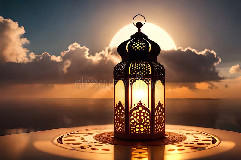 Arabic Lantern with Burning Candle Glowing Islamic Background Eid Al