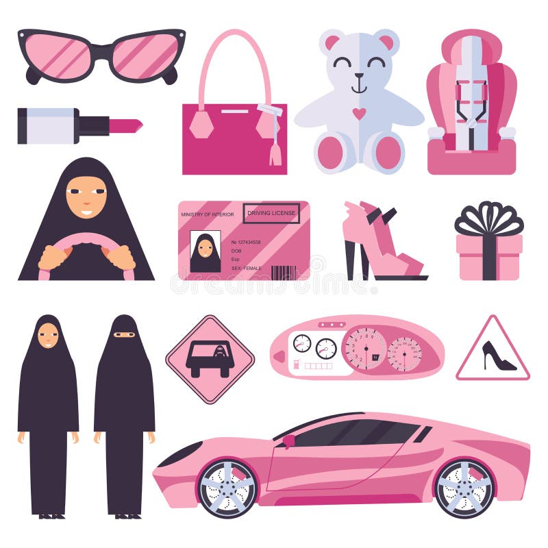 Arabic muslim women that have permission for driving auto. Lady in nikab and hijab with pink accessories, car, signs and heels sho vector illustration Arabic muslim women that have permission for driving auto. Lady in nikab and hijab with pink accessories, car, signs and heels sho vector illustration