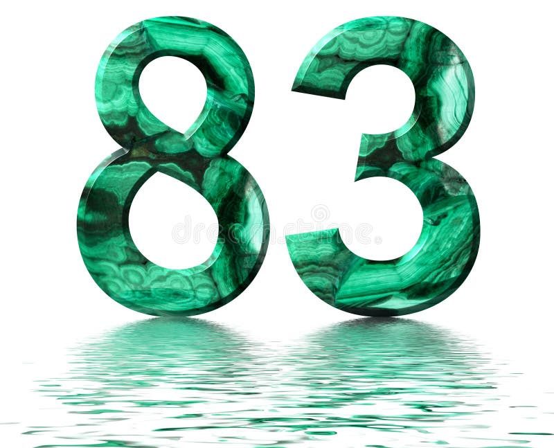 Arabic numeral 83, eighty three, from natural green malachite, reflected on the water surface, isolated on white, 3d render.