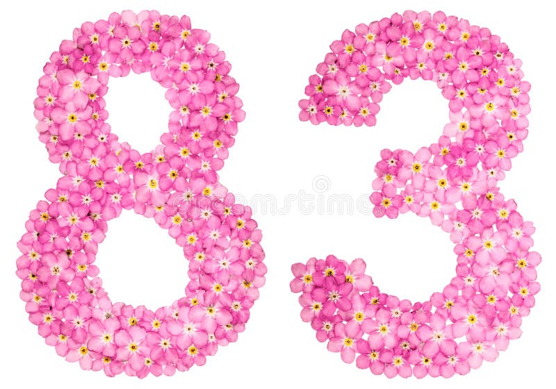 Arabic numeral 83, eighty three, from pink forget-me-not flowers, isolated on white background