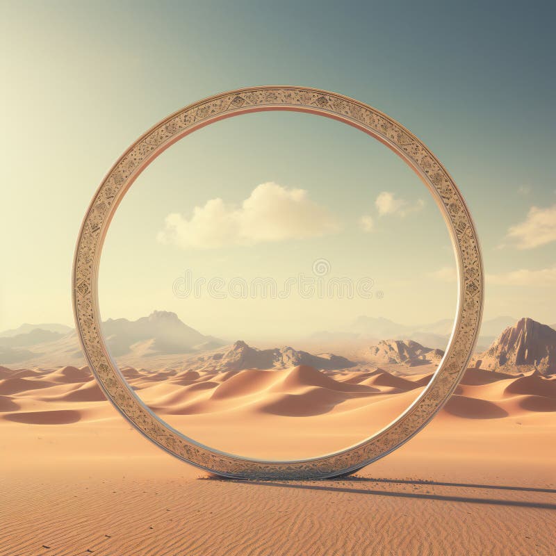 Arabic round frame in the desert. 3d rendering. Computer digital drawing royalty free stock photos