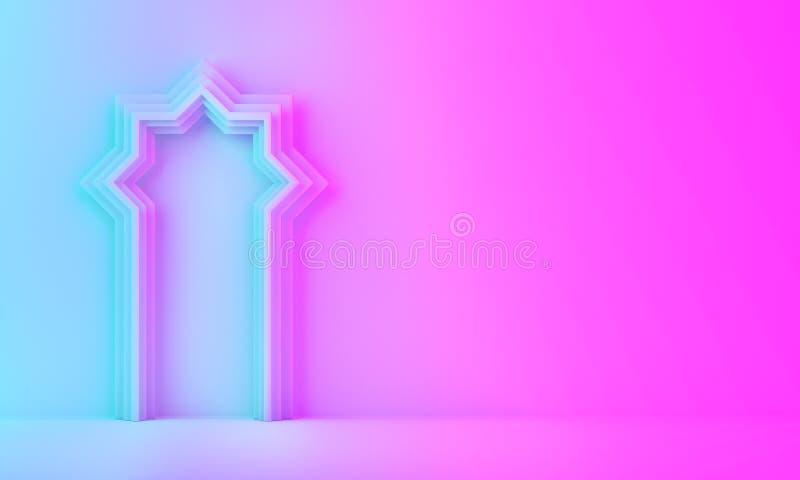 Arabic window door on blue pink violet gradient background.