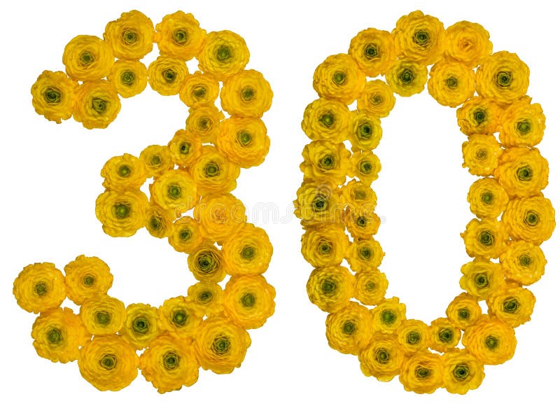 Arabisch cijfer 30, dertig, van gele bloemen van boterbloem, ISO royalty-vrije stock foto's Arabisch cijfer 30, dertig, van gele bloemen van boterbloem, ISO royalty-vrije stock foto's