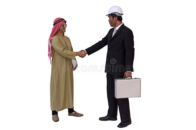 Arabisch zakenman en voormanarbeidershandenschudden ge?soleerde achtergrond met het knippen van weg royalty-vrije stock afbeeldingen Arabisch zakenman en voormanarbeidershandenschudden ge?soleerde achtergrond met het knippen van weg royalty-vrije stock afbeeldingen