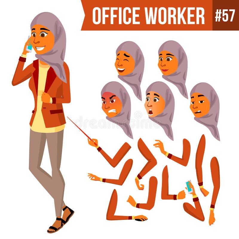 Arab Office Worker Vector. Woman. Traditional Clothes. Islamic. Hijab. Professional Officer, Clerk. Adult Business Female. Lady Face Emotions, Various Gestures Animation Set Illustration. Arab Office Worker Vector. Woman. Traditional Clothes. Islamic. Hijab. Professional Officer, Clerk. Adult Business Female. Lady Face Emotions, Various Gestures Animation Set Illustration