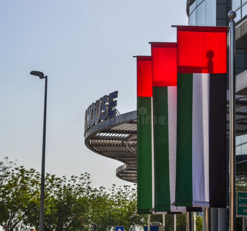 Arabische Emirate-Flaggen vor Gebäude lizenzfreie stockbilder Arabische Emirate-Flaggen vor Gebäude lizenzfreie stockbilder