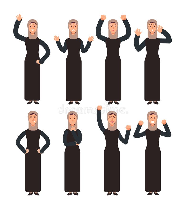 Arabische Frau, die mit verschiedenen Handzeichen und Gesichtsgefühlen steht Weibliche moslemische Vektorcharaktere eingestellt lizenzfreie abbildung Arabische Frau, die mit verschiedenen Handzeichen und Gesichtsgefühlen steht Weibliche moslemische Vektorcharaktere eingestellt lizenzfreie abbildung