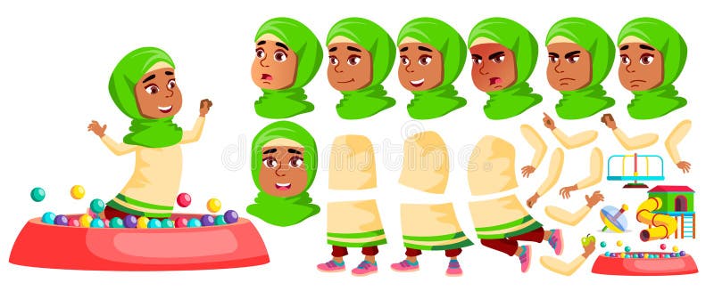 Arabischer, moslemischer Mädchen-Kindergarten-Kindervektor Animations-Schaffungs-Satz Gesichts-Gefühle, Gesten Vorschule, Kindhei vektor abbildung Arabischer, moslemischer Mädchen-Kindergarten-Kindervektor Animations-Schaffungs-Satz Gesichts-Gefühle, Gesten Vorschule, Kindhei vektor abbildung