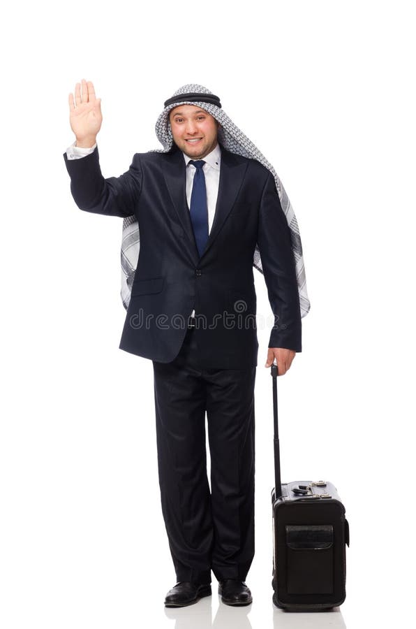 Arabisk man med bagage på vit arkivbild Arabisk man med bagage på vit arkivbild