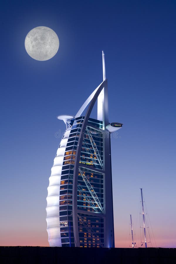 Hotel Burj al Arab at full moon. Hotel Burj al Arab at full moon