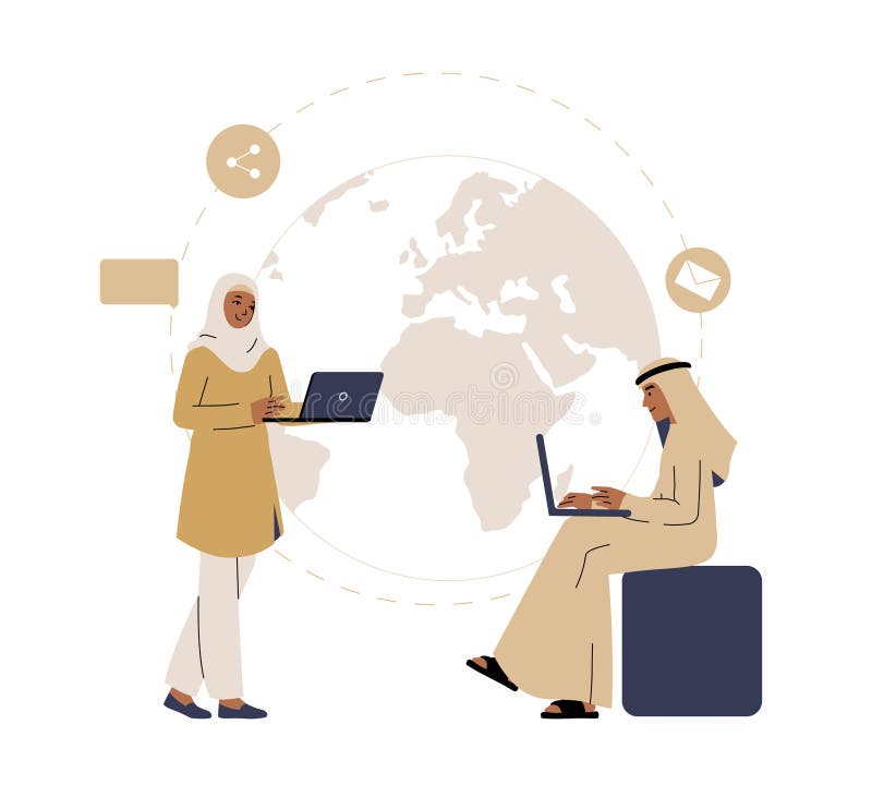 Arabscy Specjaliści Biznesowi Korzystający Z Notebooków W Flat Vector Ilustracji Symbolizującej Zdalną Pracę I Globalną Łączność ilustracja wektor