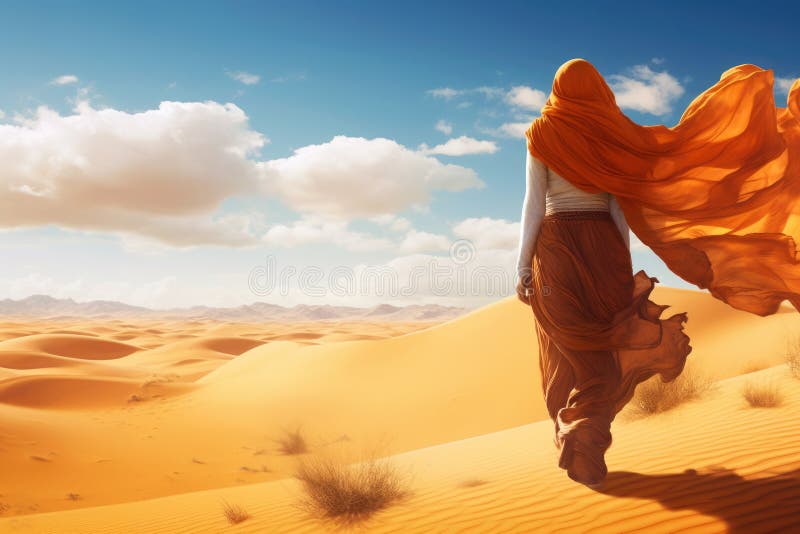 Arabska kobieta chodząca na pustyni piasek. Arabska kobieta chodząca po pustynnych piaskach i wydmach