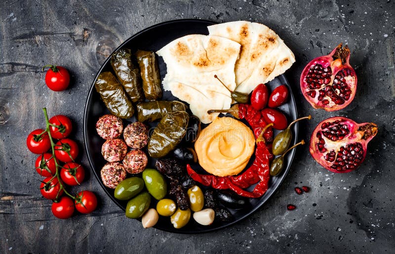 Arabska tradycyjna kuchnia Bliskowschodni meze półmisek z pita, oliwki, hummus, faszerował dolma, labneh serowe piłki w pikantnoś obrazy royalty free Arabska tradycyjna kuchnia Bliskowschodni meze półmisek z pita, oliwki, hummus, faszerował dolma, labneh serowe piłki w pikantnoś obrazy royalty free