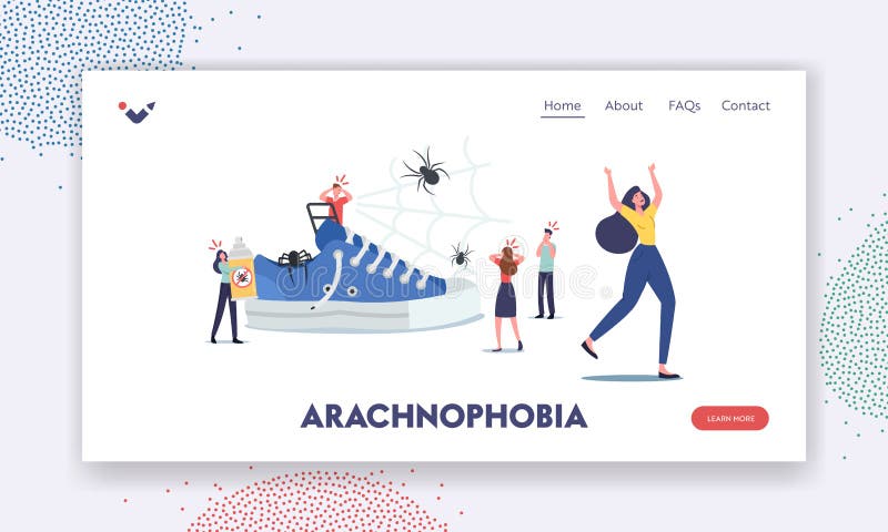 Arachnophobia Landing Page Template. Tiny Frightened Young Characters Afraid of Huge Spiders. Mental Problem, Panic vector illustration