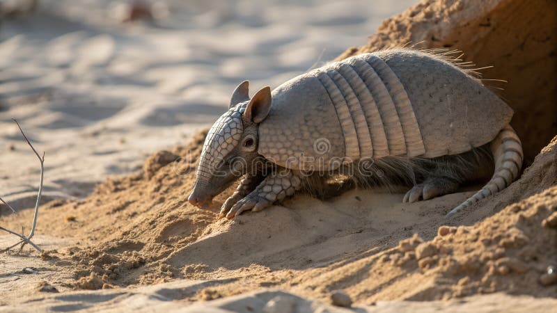 Aradillo curvado descansando cómodamente en la arena desértica un momento de tranquilidad IA Generativa. Una vista más cercana captura un armadillo enrollado en una bola en la cálida arena del desierto, mostrando su caparazón protector y su textura única mientras disfruta de un momento tranquilo
