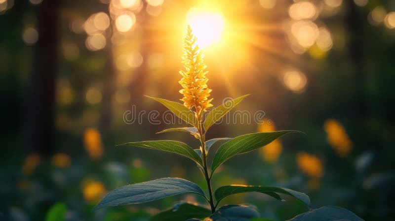Arafed plant displaying vibrant yellow flowers in a sunlit field, with sunlight filtering through surrounding trees, creating a royalty free stock images
