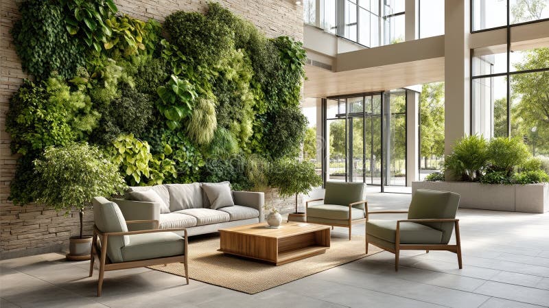 Aragoste moderne interne con giardino verticale e mobili in spazi illuminati dal sole illustrazione di stock