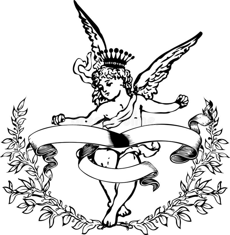 Araldica coronata in bianco e nero del Cupid. illustrazione vettoriale Araldica coronata in bianco e nero del Cupid. illustrazione vettoriale