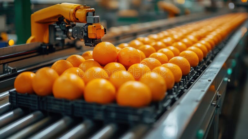 Arance robotizzate per la cernita delle braccia su nastro trasportatore automatico in moderni impianti di trasformazione della fru illustrazione di stock