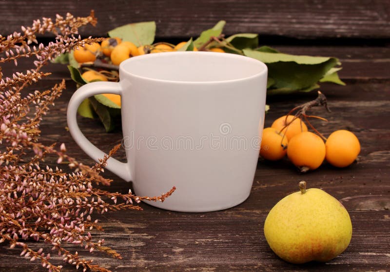Aranjament botanic de toamnă. compoziție de mere mici, pere mică și o ceașcă de cafea pe masă din lemn stock image