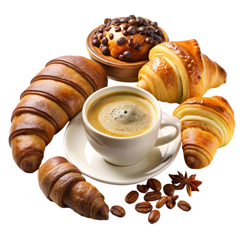 Aranjament delicios de croissante de cafea produse coapte boabe de cafea și anason stelat pe alb royalty free illustration