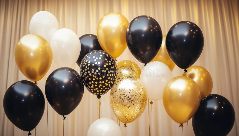 Aranjament premium cu baloane elegante în alb-negru auriu pentru o sărbătorire elegantă a zilei de naștere. ideal pentru stock photos