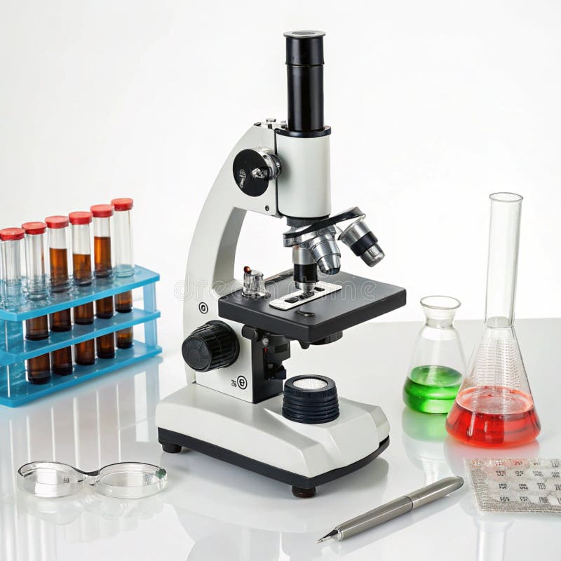 Aranjament științific cu microscop izolat pe fond alb vector illustration