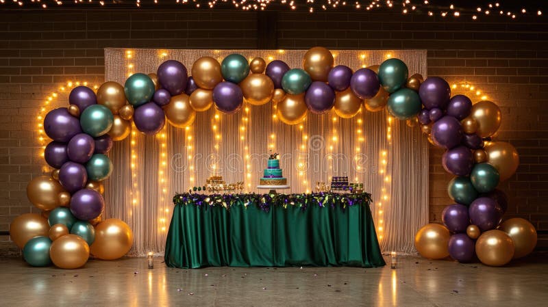 Aranjare elegantă a petrecerii cu baloane colorate și tort. mardi gras marți carnaval. paranteze luminoase stock photo