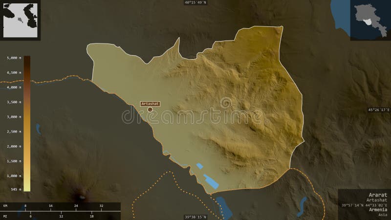 Ararat armenia. fizyczny. Ararat. kolorowe dane modułu cieniującego z jeziorami i rzekami. ukształtowanie ukształtowane na obszarze kraju z nakładkami informacyjnymi 3d renderowanie