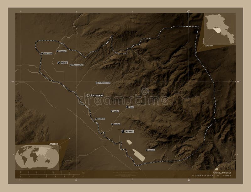 Ararat armenia. sepia. oznakowane punkty miast royalty ilustracja