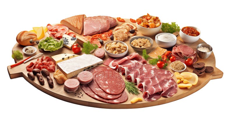 Aratro di carne con diversi prodotti a base di carne, compreso il prosciutto salami bacon, su fondo trasparente. illustrazione di stock