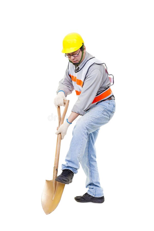 Arbeider het graven met geïsoleerde schop stock afbeelding Arbeider het graven met geïsoleerde schop stock afbeelding
